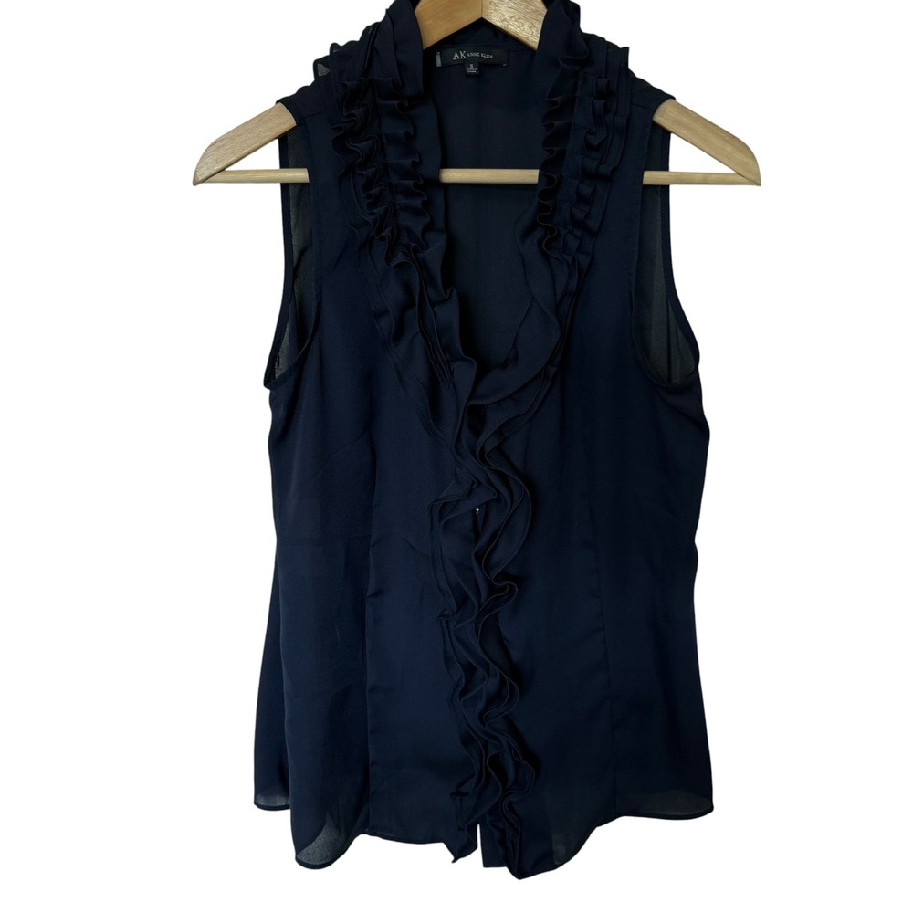 Anne Klein Ruffle Front Blouse Women Small Navy Blue Excellent Sleeveless V-Neck